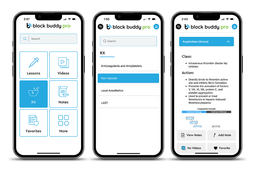 Rx Guide Screens From Block Buddy App for Ultrasound Guided Nerve Blocks